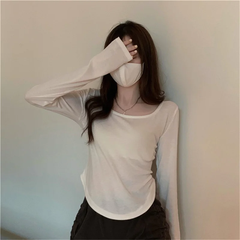 Kadınlar Uzun Kollu Kare Boyun Gömlek Kadın Nervürlü Seksi Kırpılmış Üstleri 2022 Rahat Sıska İnce Temel Kadın T Shirt Beyaz