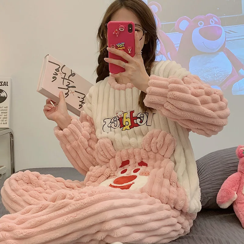 Kalınlaşmış Pazen Pijama Kadın Çukur Şeritler Kış Karikatür Sevimli Tatlı Öğrenciler Sıcak Tutmak Giyim Kazak Kadife Ev Giyim Seti