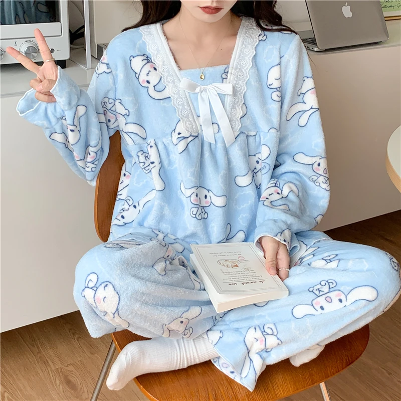 Kawaii Sanrios Anime Cinnamoroll Benim Melody Kuromi Büyük Boy Sonbahar ve Kış Karikatür Sevimli Mercan Polar İnce Kesit Ev Giyim
