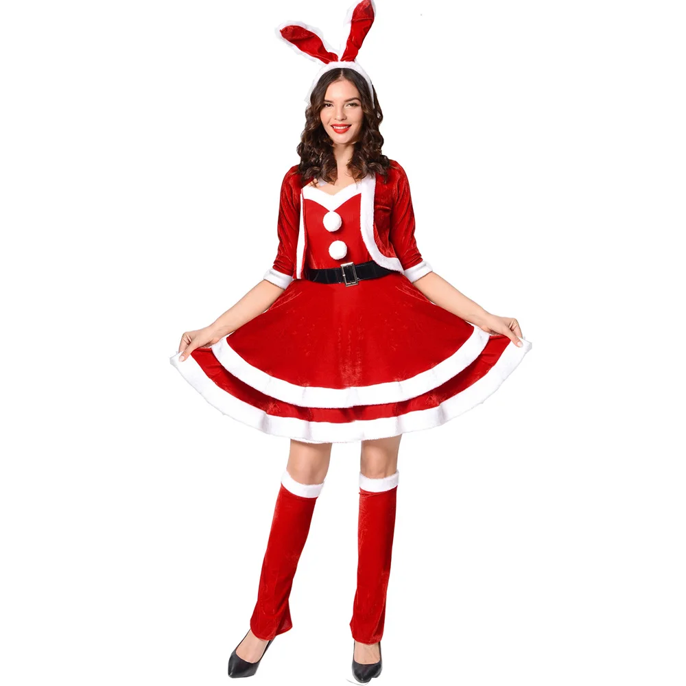 Kırmızı Pazen Seksi Noel Kostüm Noel süslü elbise Kadınlar Tatlı Noel Baba Kıyafet Yetişkin Clubwear Tavşan Kız Cosplay Üniforma