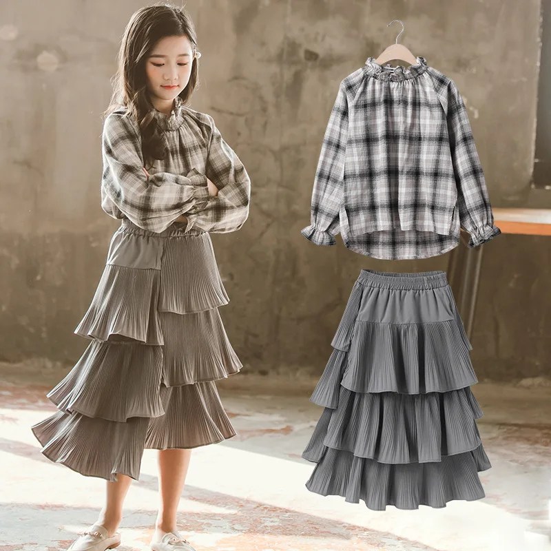 Kız Elbise 2020 Sonbahar bahar uzun kollu elbise Gömlek + Pilili Etek İki Parçalı Set Genç Çocuk giyim setleri 6 8 10 12 Yıl