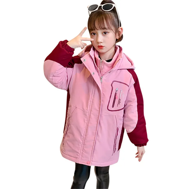 Kış Ceket Çocuklar için Kız Moda İki Parçalı Çocuk Giysileri Kalın Sıcak Pamuk Giyim Kapşonlu Açık Parkas 4 İla 13 Yaşında