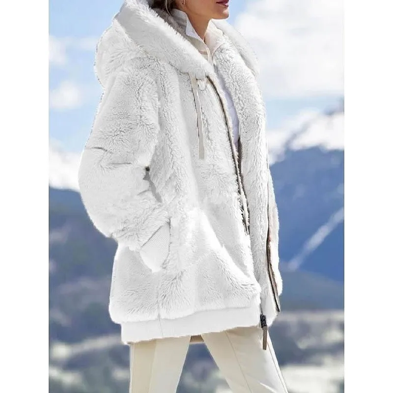 Kış Kadın Katı Kazak Ceket Kış Sıcak Cep Pamuk Ceket Dış Giyim Bayanlar Kapşonlu Uzun kollu Dikiş Peluş Ceket