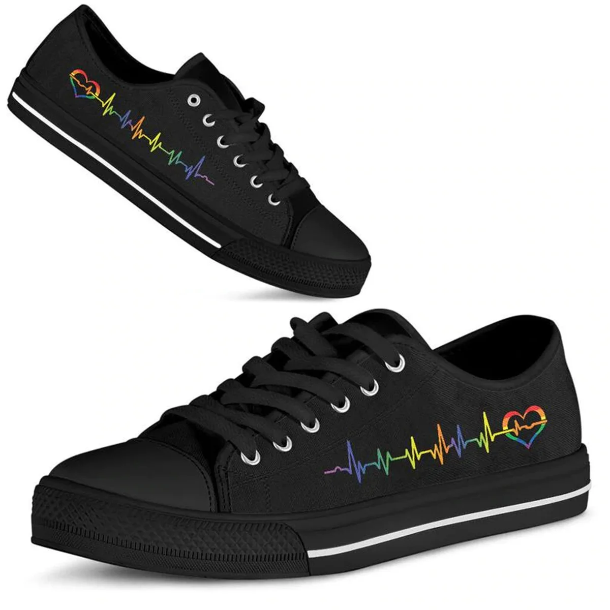 LGBT Gurur Kalp Atışı Siyah Kadın Tuval Düşük üst Vulkanize Sneakers Gökkuşağı Dantel-up düz ayakkabı zapatos mujer tasarımcı