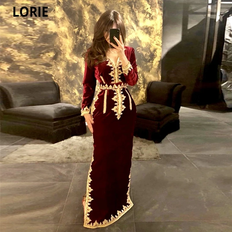 LORIE Fas Kaftan Akşam Elbise 2021 Altın Dantel Aplikler Cap Kollu Bordo Mermaid Kadife Arapça Balo Abiye Parti Elbise