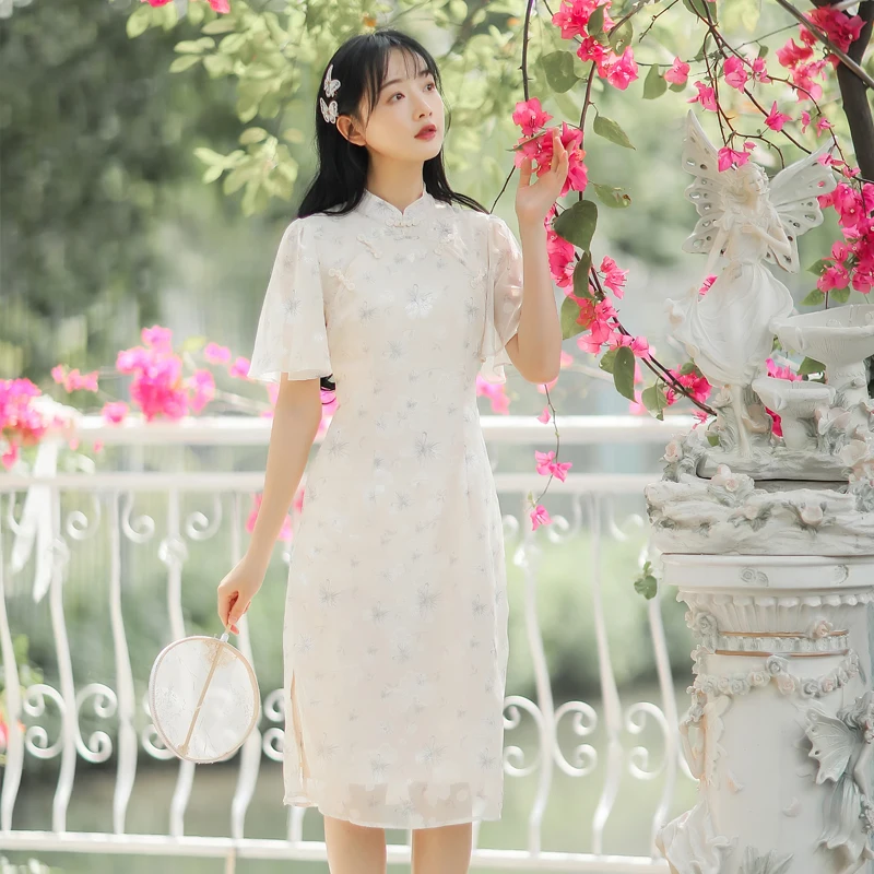 Lotus Yaprağı Kollu Nazik Retro Elbise Kadınlar Modern Şık Kız Geliştirilmiş Vintage Baskı İnce Mizaç Cheongsam Vestido Yaz