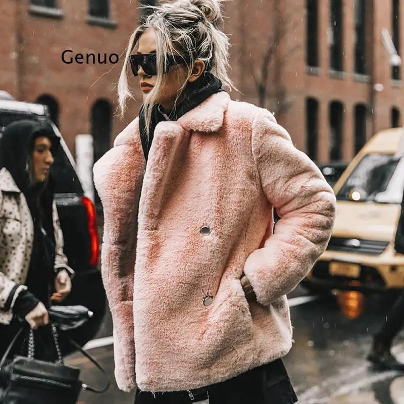 Lüks Kadın Kış Faux Tavşan Kürk Ceketler Mont Streetwear Sahte Tavşan Kürk Ceket Kadınlar Zarif Kalın Sıcak Palto Giyim