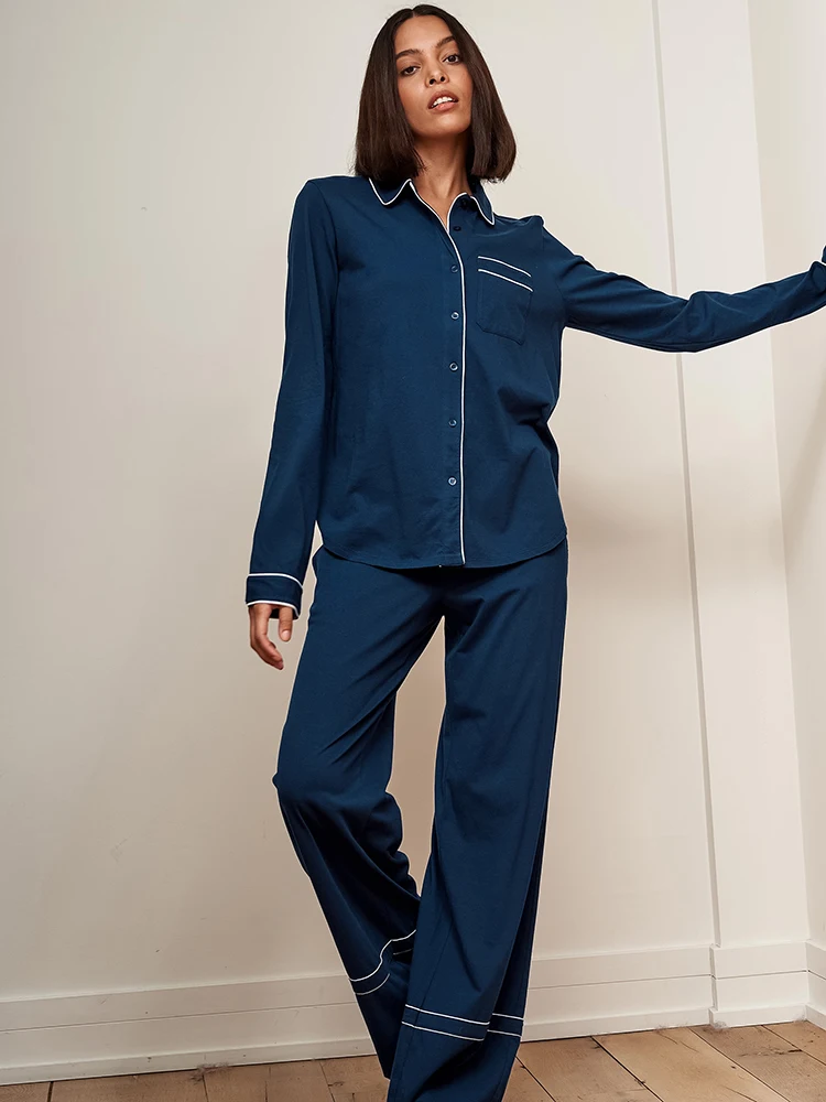 Lınad Örme kadın Ev Giysileri Mavi 2 Parça Setleri Bahar Rahat Uzun Kollu Pijama Kadın Pantolon Takım Elbise Katı Pijama