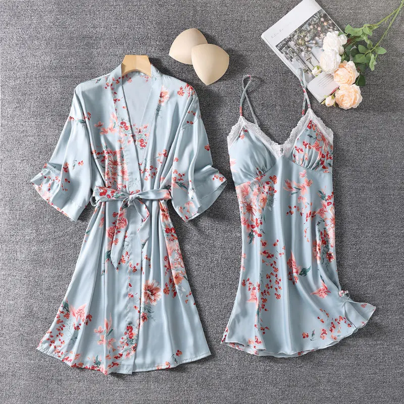 Mavi Yeni Elbise Seti Çiçek Baskı Kimono Kıyafeti Kadın Dantel Trim 2 ADET Pijama Femme V Yaka Uyku Seti Yaz Saten Ev Sabahlık