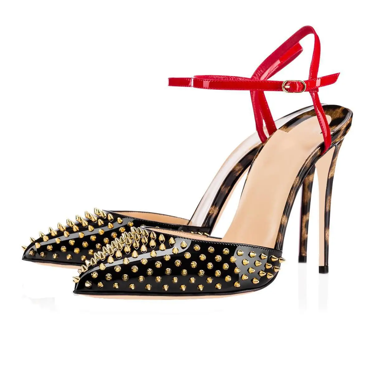 Moda sandalet sivri Burun leopar baskı Colorblock perçin Stiletto kadın yüksek topuklu ayakkabı ayakkabı
