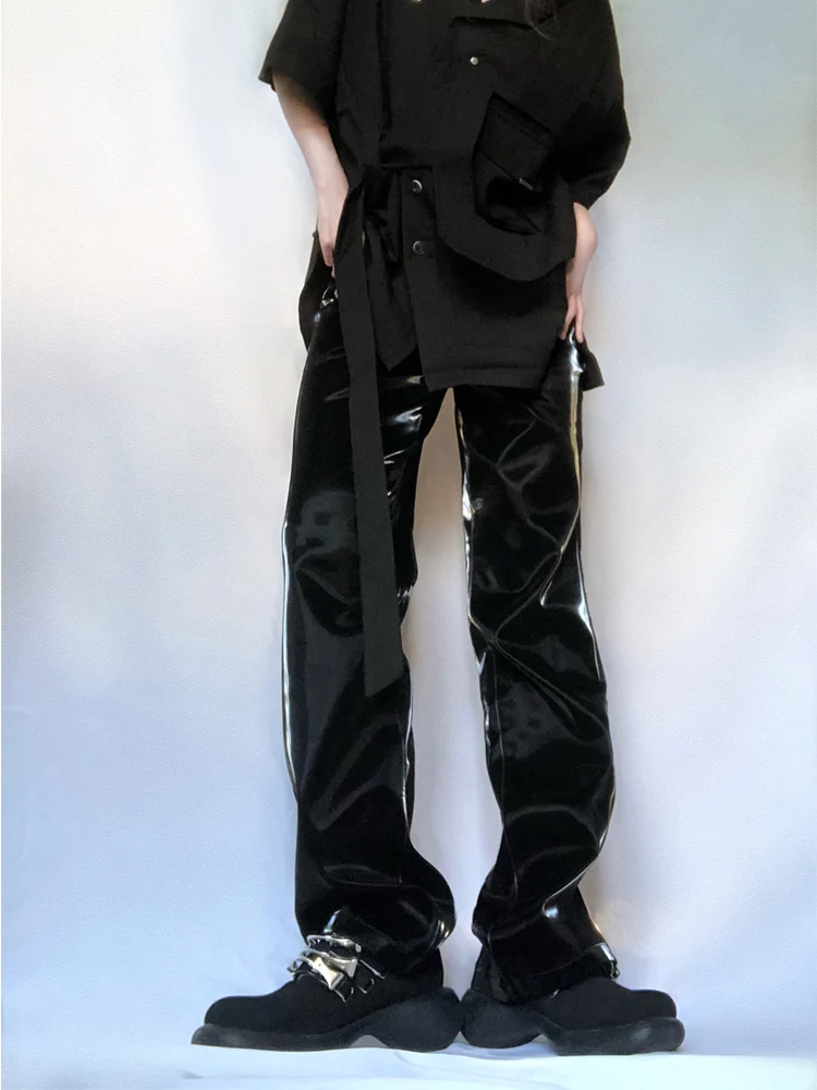 Niş high-end parlak yüzey sıvı yansıtıcı gevşek deri pantolon gelgit marka erkek sokak düz günlük pantolon ZCSMLL