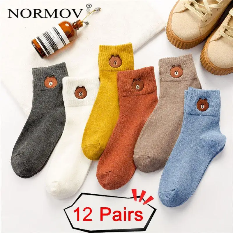 NORMOV 12 Pairs Kadın Çorap Ayı Karikatür Nakış Sıcak Orta Tüp Çorap Pamuk Ter Emici Yeni Rahat Yumuşak Uzun Çorap