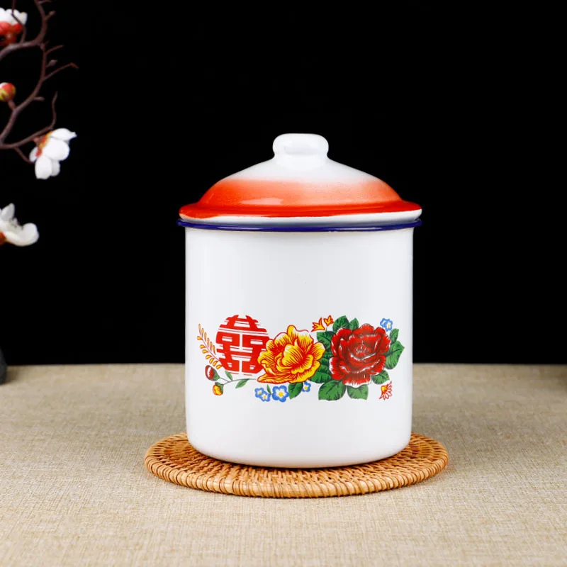 Nostaljik Çin Emaye kapaklı bardak Yaratıcı Anlık erişte kasesi Büyük Kapasiteli Edebi Çay Kupa Hediye 750/1100 / 3000ML