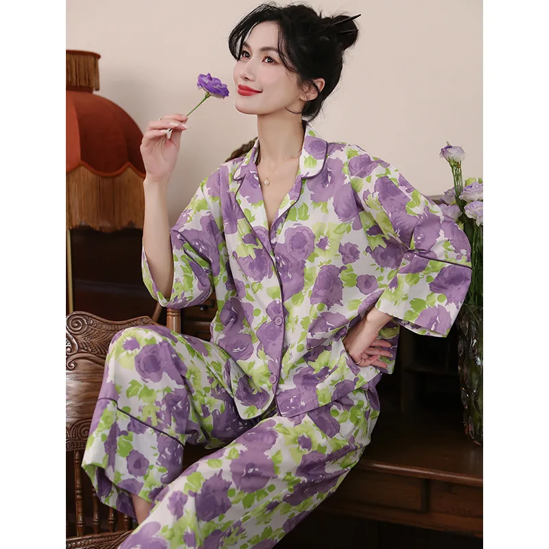 Pijama kadın yeni nefes ince set moda baskı loungewear pijama kadınlar için perroนนอนผ้าาานน