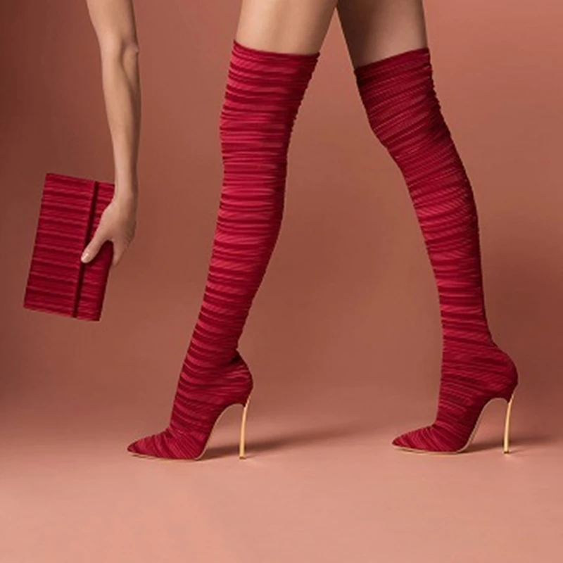Pilili Streç Çizmeler Üzerinde Kayma Bahar Elbise Diz Üzerinde Katı Uzun Çizmeler Seksi Sivri Burun Stiletto Yüksek Topuk Elbise Kadın Ayakkabı
