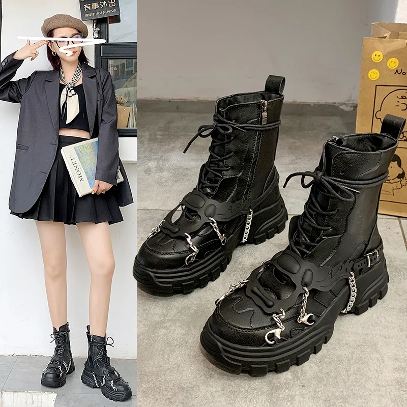 Platform Çizmeler Bayanlar Punk Gotik kadınlar için Yeni Savaş Botları Rahat Siyah Metal Düğme Şövalye Patik Kadın Motosiklet Ayakkabı