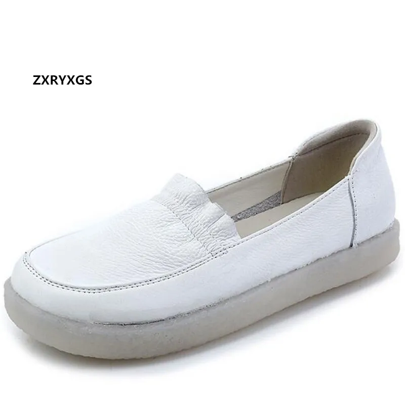Promosyon Yüksek Kaliteli Yumuşak Hakiki deri ayakkabı Kadın Flats 2021 Yeni Büyük Boy Yumuşak Taban loafer ayakkabılar Rahat Siyah Beyaz