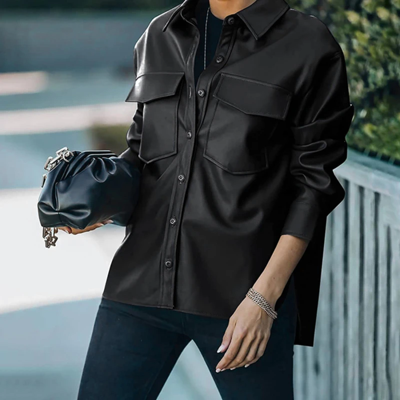 Pu Deri Ceket Kadın Cep Tek Göğüslü Uzun Kollu Blazer Streetwear Casual Katı Renk Olgun Bayan Ceketleri