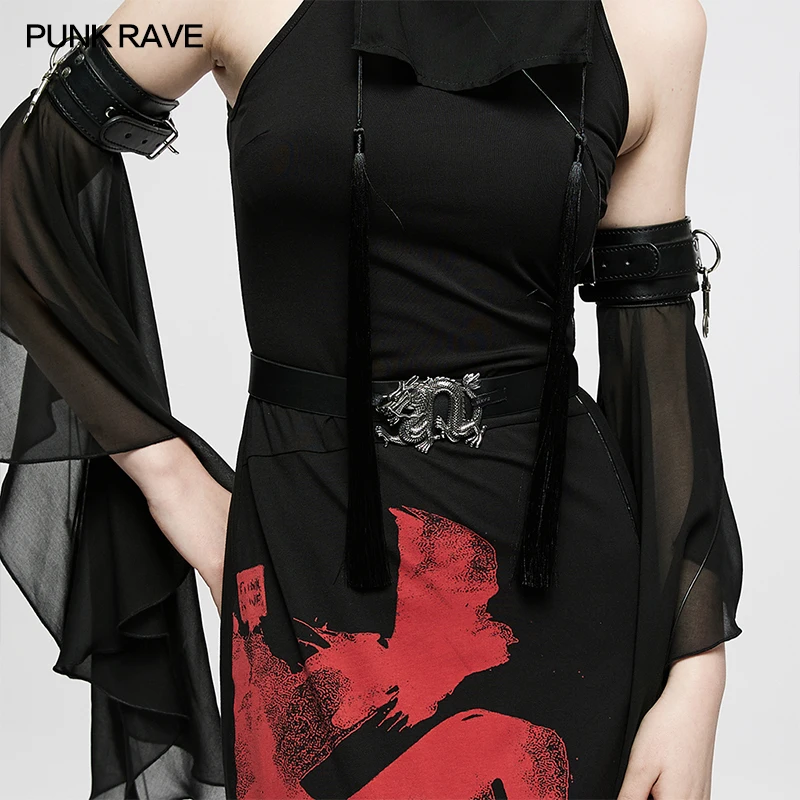 PUNK RAVE kadın Punk Çin Tarzı Stereoskopik Oyma Ejderha şeklinde PU deri kemer Ayarlanabilir Toka Aksesuarları