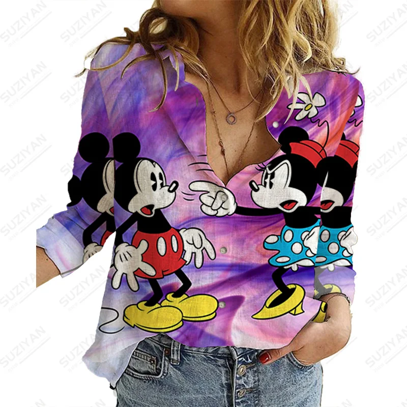 Rahat Kadın Üst Rahat İş Elbisesi Bluzlar Baskı Uzun Kollu Mickey Mouse Mizaç Üst Zarif Kadın Gömlek