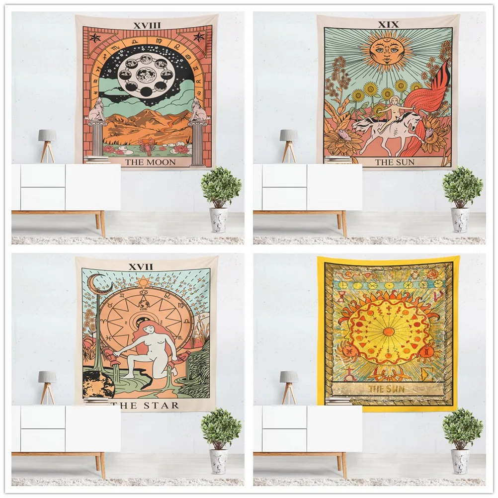 Renkli Tarot Astroloji Güneş Yıldız Ay Desen Goblen Oturma Odası Yatak Odası Dekorasyon Goblen Hindistan Orta Doğu Duvar Battaniye