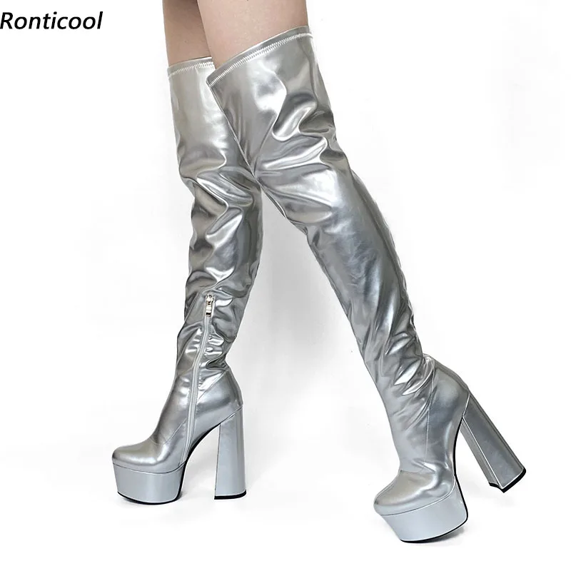 Rontıcool Yeni Varış Kadın Platformu Kış Uyluk Çizmeler Patent Tıknaz Topuk Yuvarlak Ayak Gümüş Yeşil Mavi parti ayakkabıları Abd Boyutu 4-15
