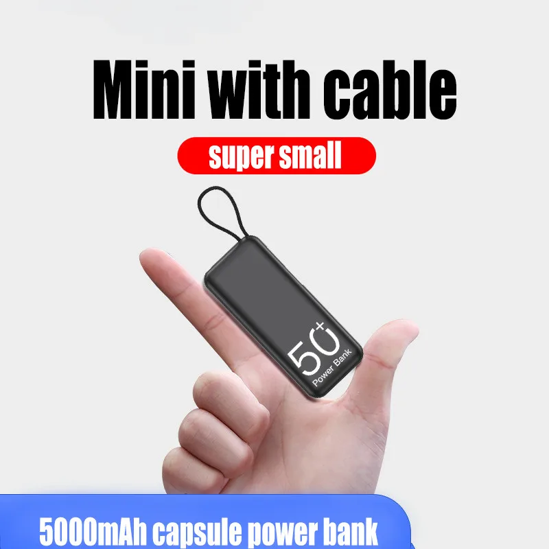 Ruj Güç Bankası 5000mAh Taşınabilir Dahili Kablo Harici yedek pil Paketi Mini Powerbank iPhone 14 13 Samsung Xiaomi