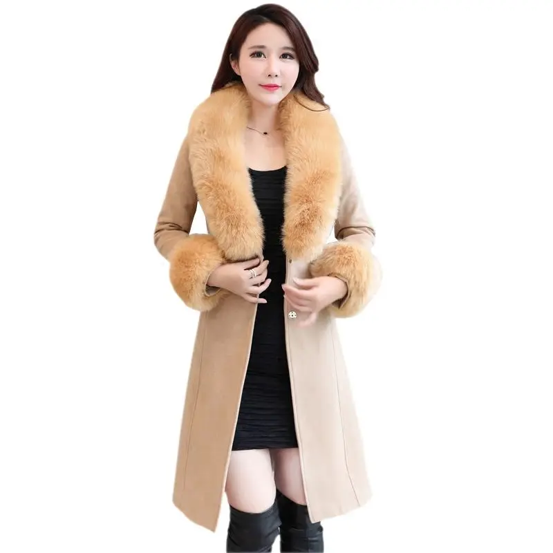 Saf Renk Yeni kadın Sonbahar Kış Yün Ceket Kadın Kore Kürk Yaka Orta Uzunlukta Yün Ceket Kadın Narin B26
