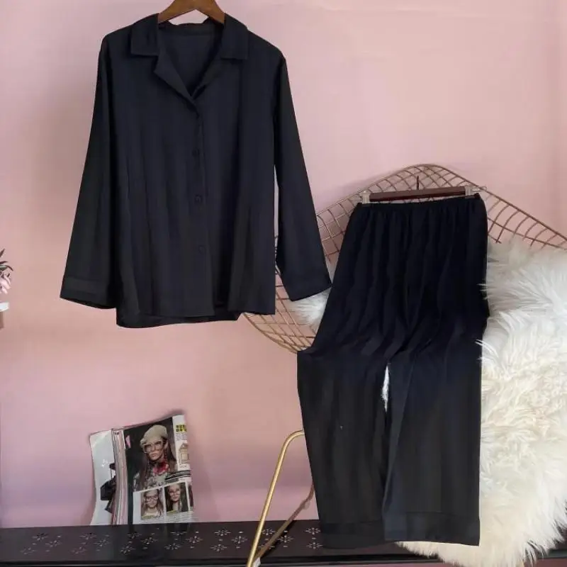 Saten Pijama Kadın Pijama Rahat Siyah Gömlek ve Pantolon İki Parçalı Set Sahte İpek Pijama Yumuşak İç Çamaşırı Seksi Kıyafeti Salonu
