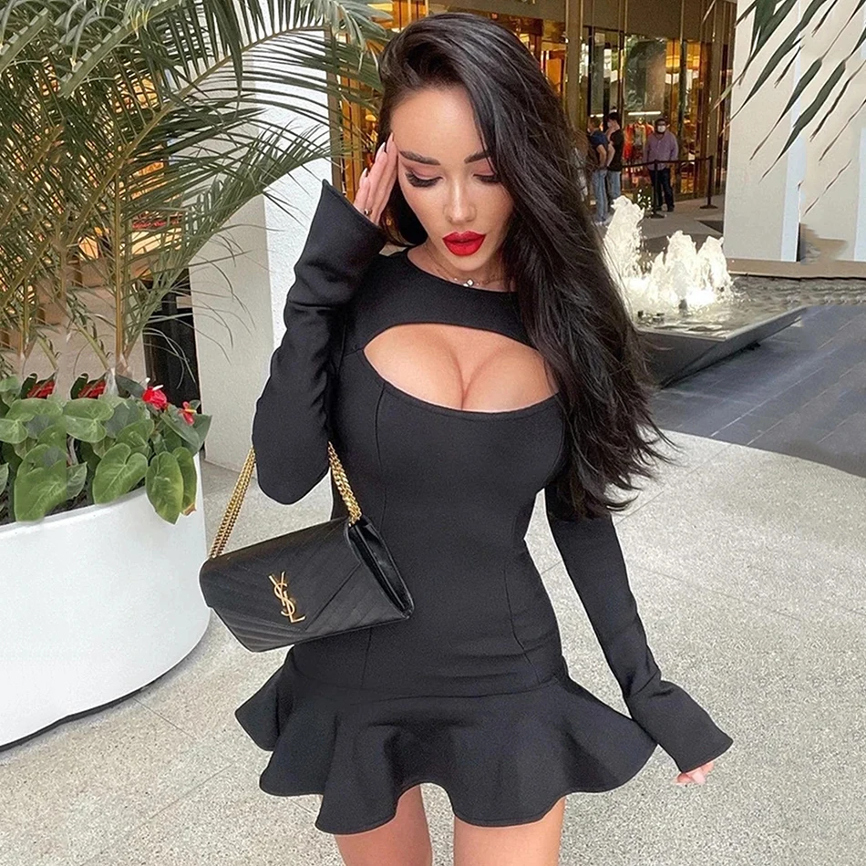 Seksi Siyah Mini Kadınlar Uzun Kollu Ruffles Bandaj Spor Kıyafetler Streetwear Femme Bodycon Fit Bayanlar Bandaj Elbise Vestidos