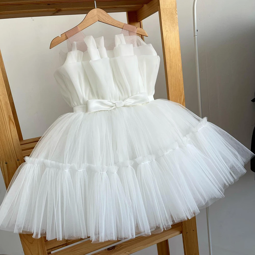Sevimli Kabarık Balo Kız Pageant Elbise Diz Boyu Çiçek Kız Elbise Tül Saten İlk Communion Elbise Yeni Yıl