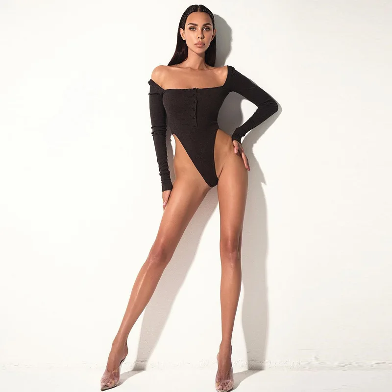 Siyah Kapalı Omuz Seksi Bodysuit Kadın Uzun Kollu Çizgi Düğmeler Bodycon Rompers Bayan Tulum Katı Yaz giyisi