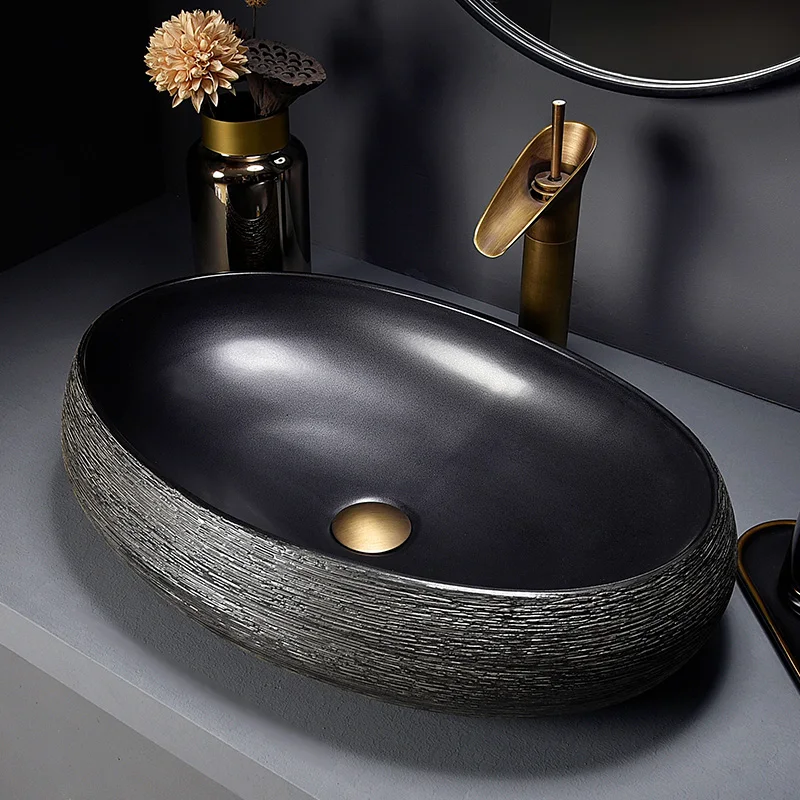 Siyah oval Tezgah Üstü porselen lavabo banyo lavaboları seramik lavabo