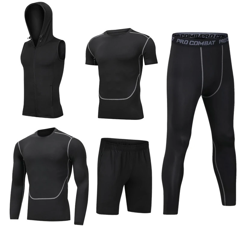 Siyah Set 5 adet Polyester spor tişört kısa pantolon Setleri Futbol Üniforma Forması Şort Ve T Shirt seti Erkekler Spor Giyim