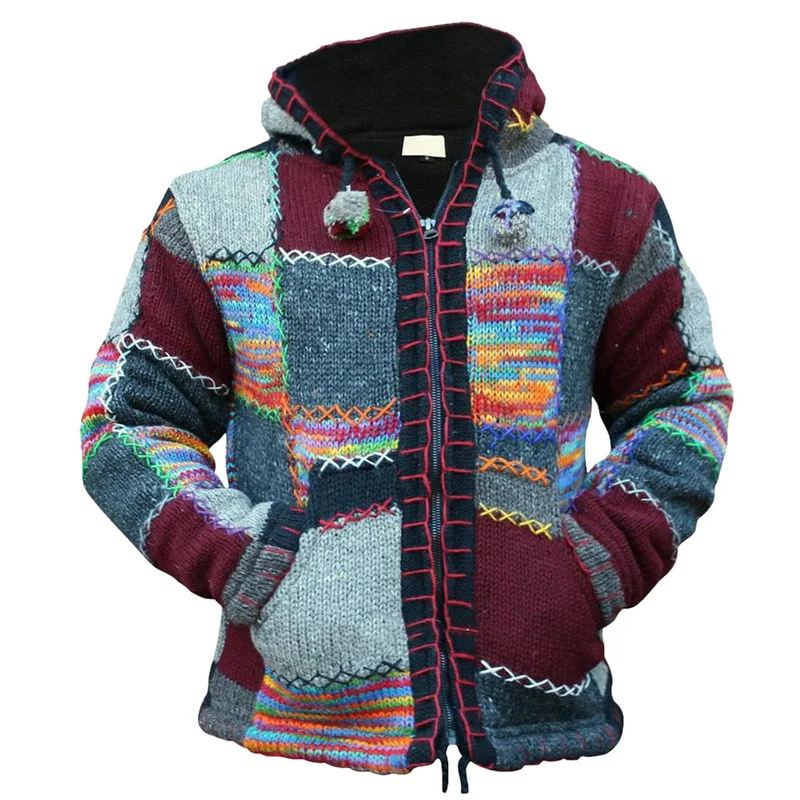 Sonbahar Kış Moda Örme Kazak Erkekler Fermuar Kapşonlu Patchwork Triko Sweatercoat Harajuku Ince Dikiş Renk Rahat Ceket