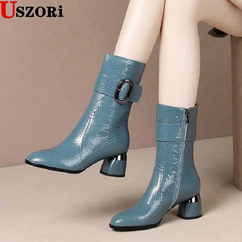 Sonbahar / Kış Orta Buzağı Çizmeler Kadın 2022 5.5 cm Topuk kısa çizmeler kadın Kış ayakkabı Peluş Patik Zip Toka Kadın Siyah Mavi