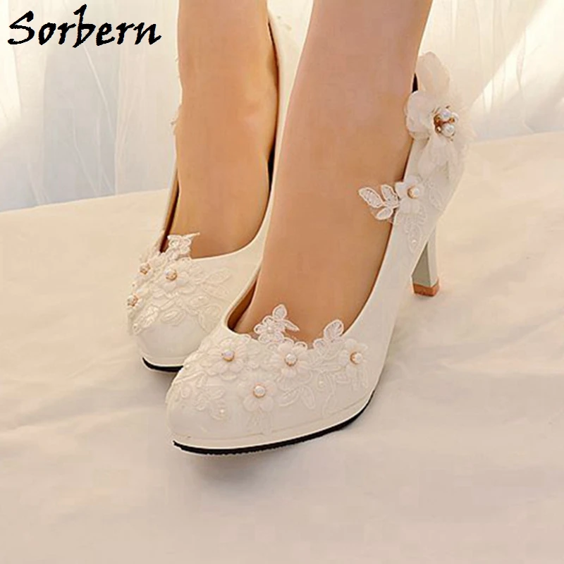 Sorbern Çiçek Boncuklu Düğün yüksek topuklu ayakkabı Rhinestones bağcıksız ayakkabı Yavru Topuklu 5 Cm 8 Cm Ayakkabı Bayanlar Gelin Topuklu Kadın Topuk