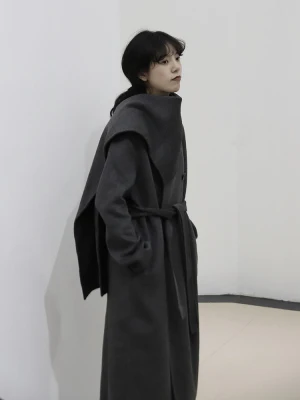 Tasarım hissediyor kalınlaştırır yün çift taraflı kumaş orta uzunlukta siyah ceket 2020 yeni stil yün ceket