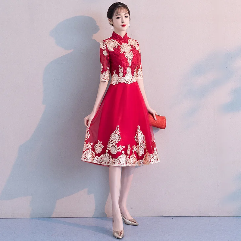 Tost 2020 Yeni Çin Düğün Nişan Elbise İnce Geri Elbise Orta Uzunlukta Zarif Elbise Ete Grande Taille Decontract Courte