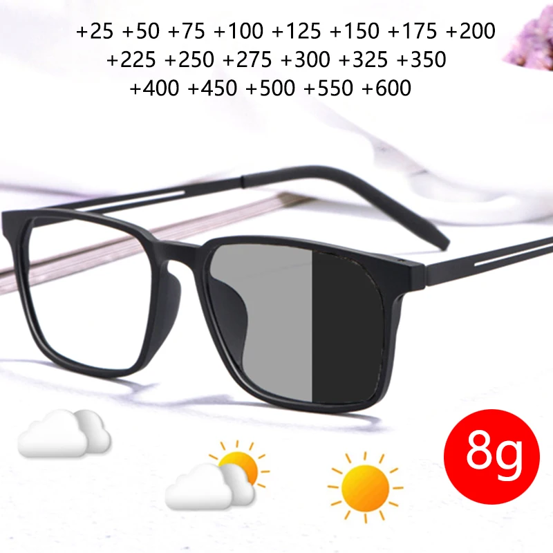Ultralight Fotokromik okuma gözlüğü Titanyum gözlük Erkekler Kadınlar Presbiyopik Gözlük Tam Çerçeve büyüteç Gözlük +175 + 200