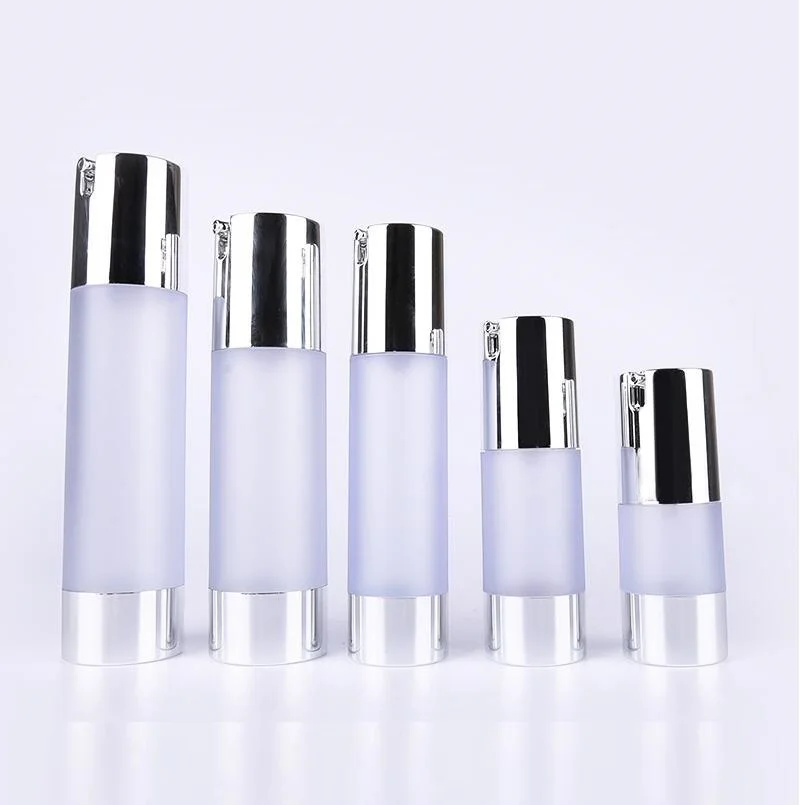 UV gümüş vakum pompalı 50ml buzlu havasız şişe veya Kozmetik Konteyner için kullanılan gümüş hatlı losyon şişesi