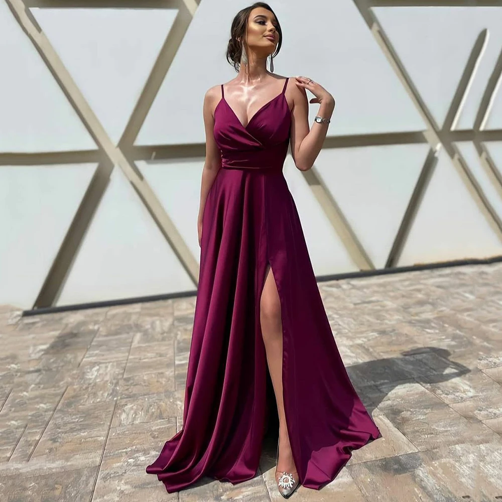 UZN Bordo A-Line Balo Elbise Spagetti Sapanlar V Yaka Saten Gece Elbisesi Seksi Yüksek Yarık Parti Elbise 2022 Robe de bal
