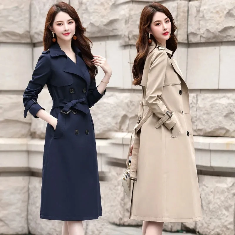 Uzun Trençkot Kadınlar İçin 2023 Kruvaze Sonbahar Kore Streetwear Siyah Haki Rüzgarlık Palto Kadın Giyim 4XL