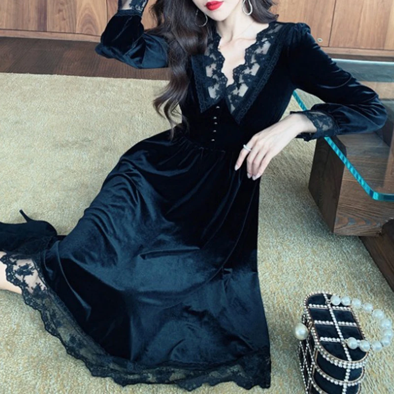 Vintage siyah elbise Kadınlar Uzun Kollu Midi Zarif Kadife Parti Elbise Kadın Kore Hepburn Yüksek Bel Gotik Elbise 2021 Sonbahar