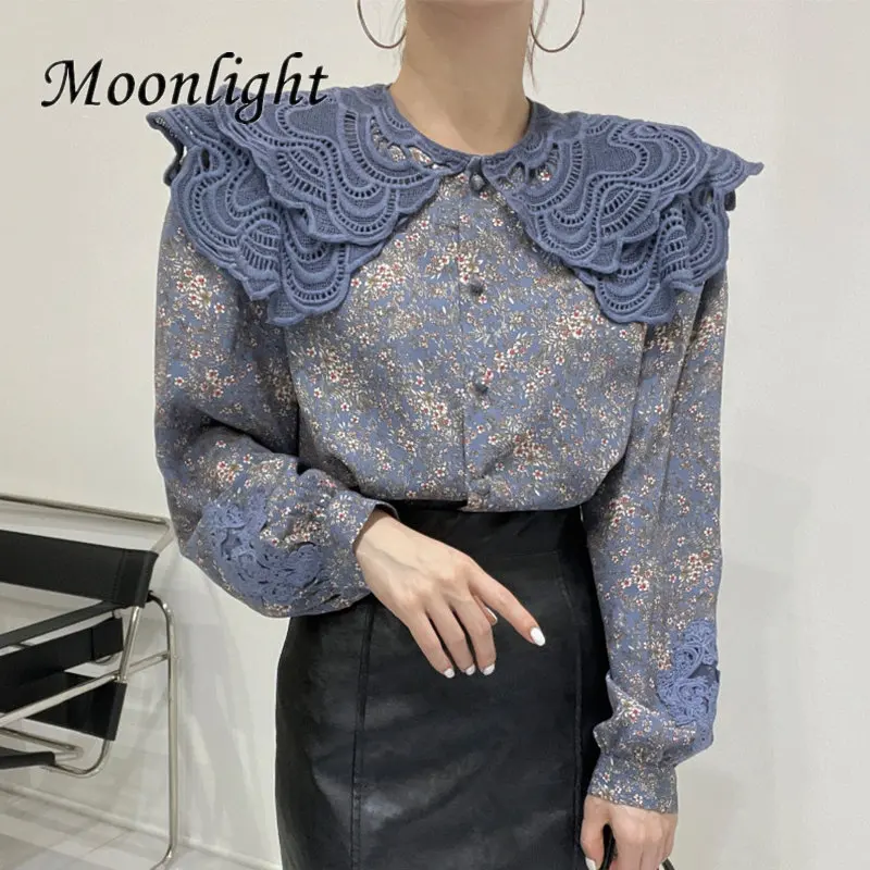 Vintage Çiçekli Baskı Bluz Kadınlar Tops Kore Moda Dantel Hollow Yaka Puf Kollu Gömlek 2023 Bahar Rahat Ofis Kadın Blusas