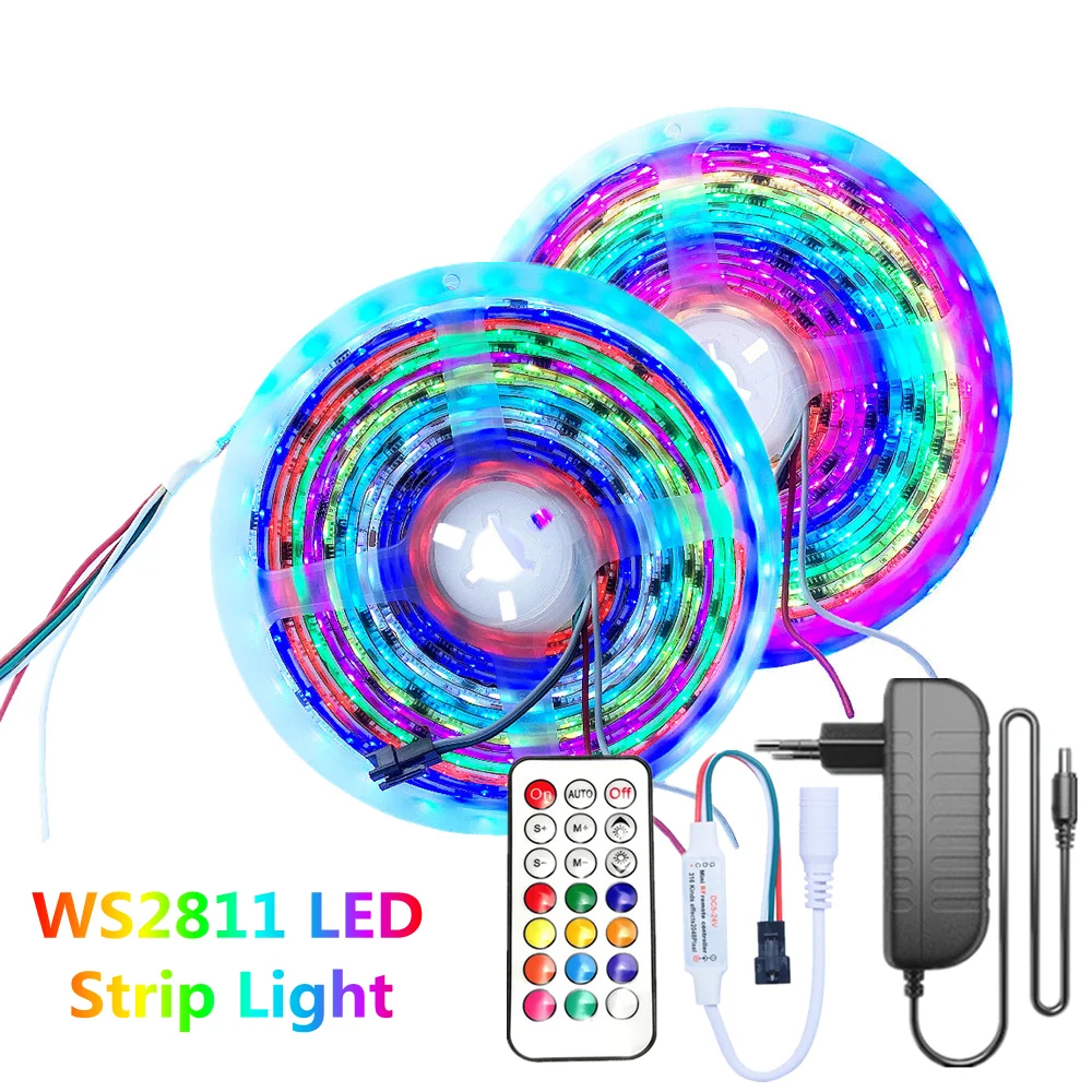 WS2811 Led şerit 5050 RGB Led ışıkları DC12V Diyot Dijital Adreslenebilir LED Bant 5M 10M Adaptörü + RF 14key / 21key Denetleyici