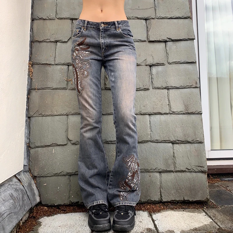 Y2k Kot Kadın Grunge Fairycore Vintage İşlemeli E Kız Düşük Bel düz pantolon Kawaii Pantolon Kadın Harajuku Kot Kapriler