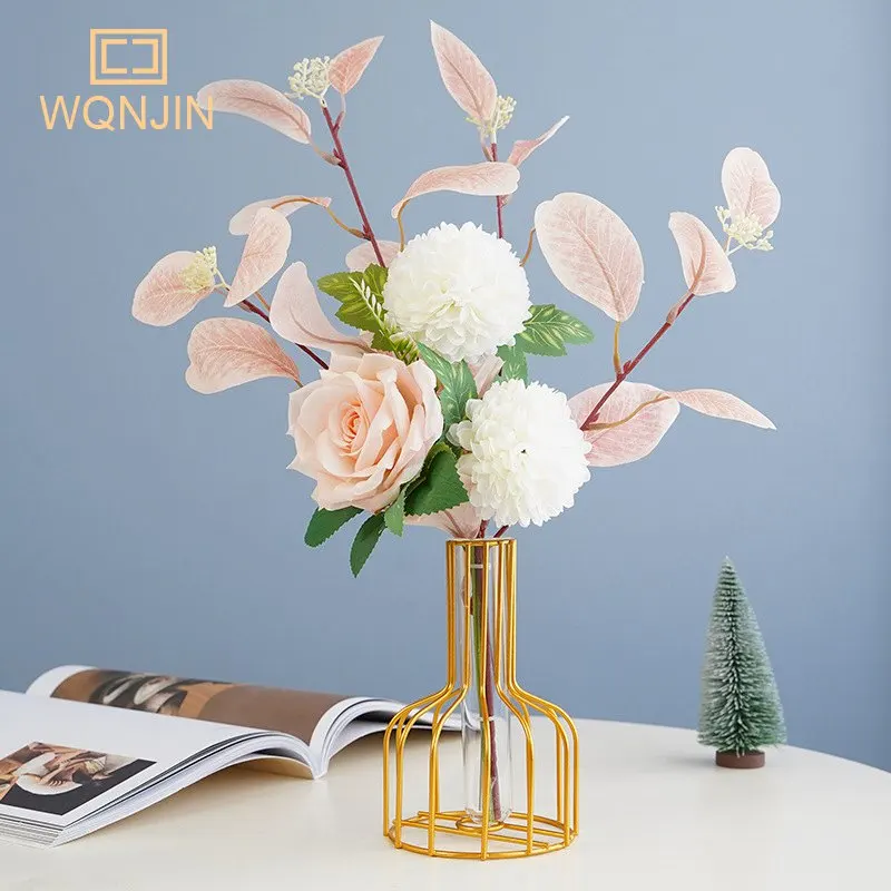 Yapay çiçekler Yüksek Kaliteli Okaliptüs Yaprağı Gül Topu Krizantem Buket Oturma Odası İçin Düğün Buket Parti Dekor