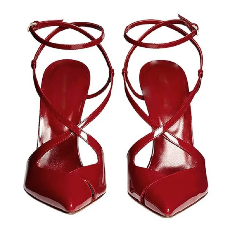 Yaz patent deri sivri sığ ağız stiletto yüksek topuklu çapraz kayış sandalet ziyafet elbise vahşi büyük boy kadın ayakkabısı