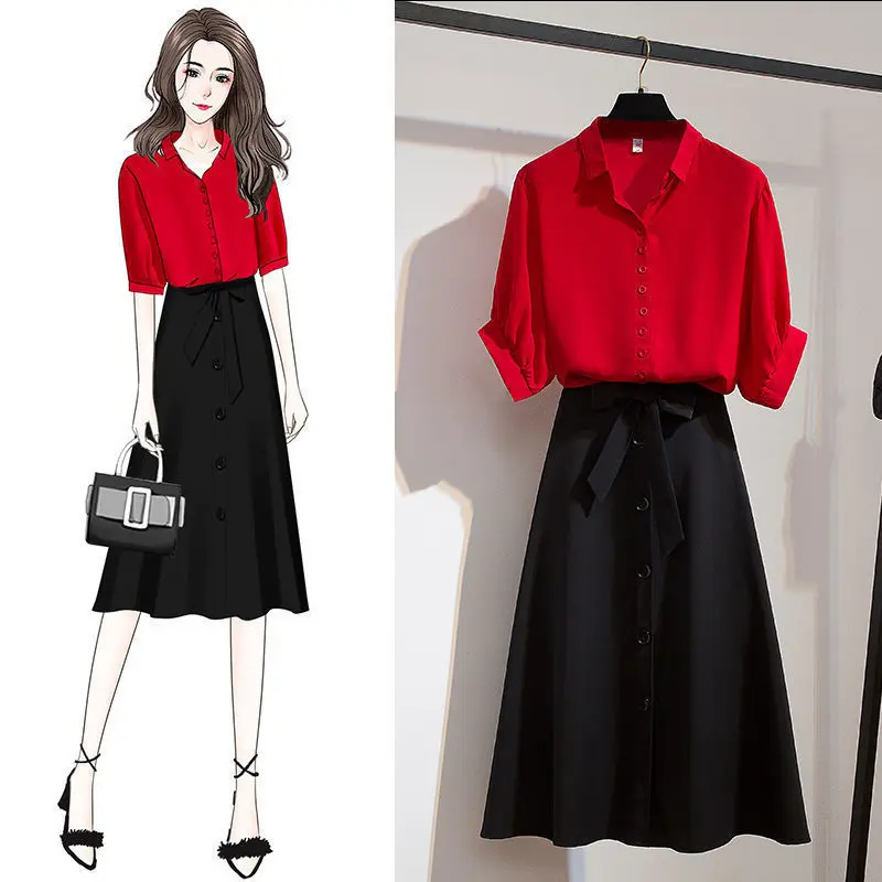 Yaz Yeni Retro Zarif 2 Parça Set Kadın Gömlek + A-Line Etek Takım Elbise İki Parçalı Setleri Ofis kadın giysisi 5XL J543